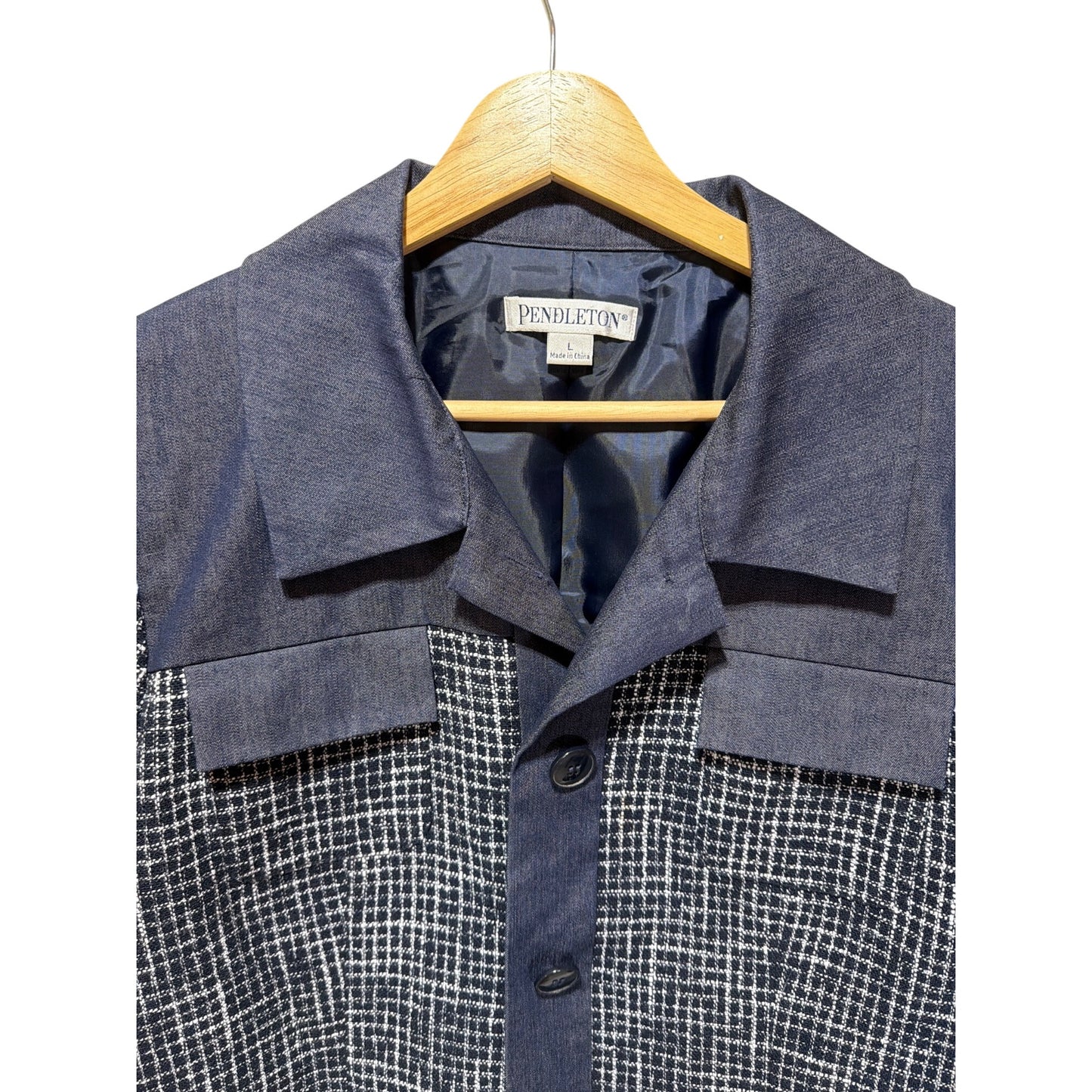 Pendleton Wool Blend Tweed & Denim Chambray Jacket Button-Front Mixed Media Design Womens Large Blue & White