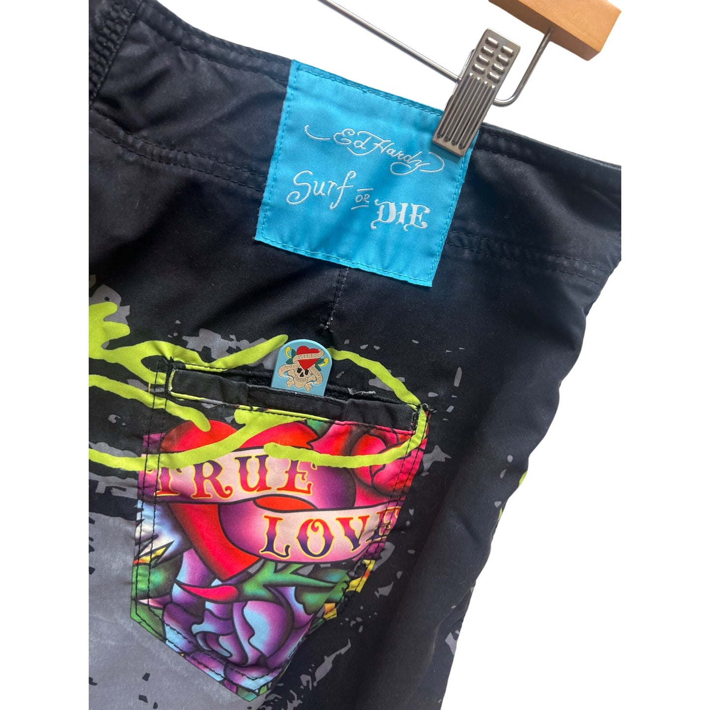 Ed Hardy Christian Audigier Vintage Y2K Black Graphic Swim Trunks Board Shorts
