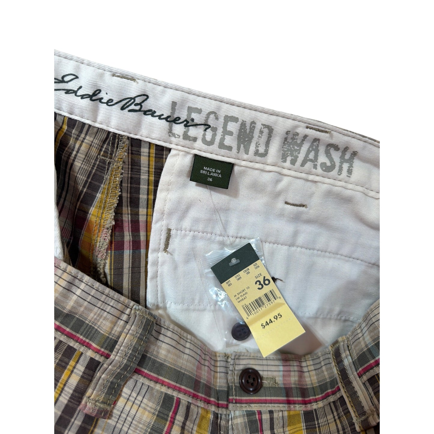 Eddie Bauer NWT Brown Plaid Legend Wash Chino Board Shorts Size 36