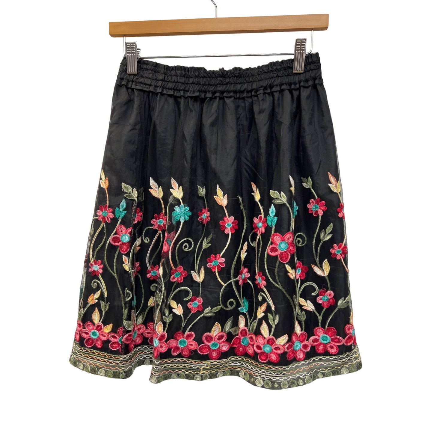 August Silk Black Sheer Overlay with Embroidered Floral Skirt
