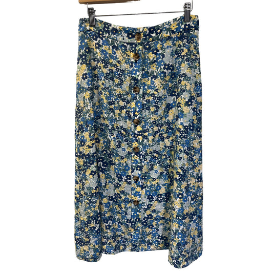 Ann Taylor Blue Floral Button Up A-Line Midi Skirt