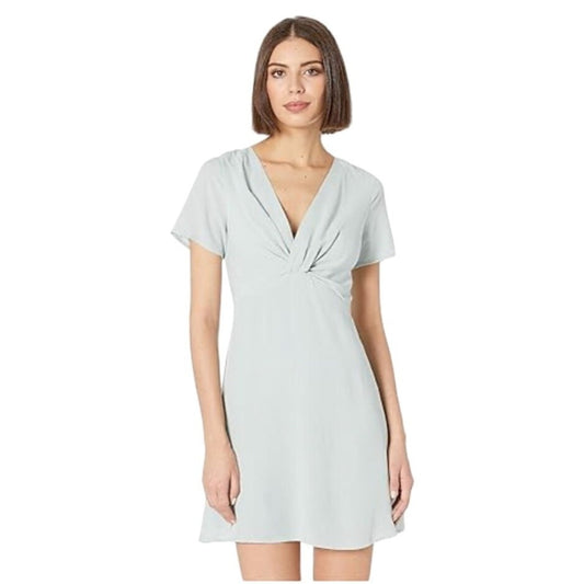 Everly Light Blue Green Linen Twist Front Short Sleeve A-line dress