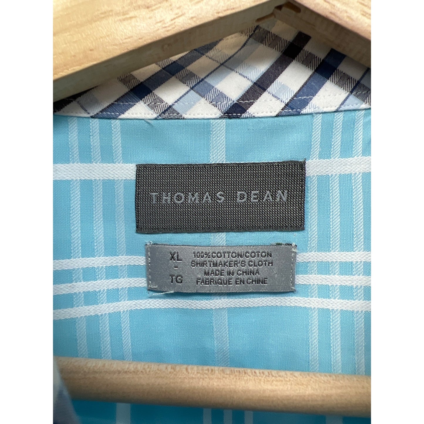 Thomas Dean Blue & White Plaid Long Sleeve Button Down with Contrasting Cuffs