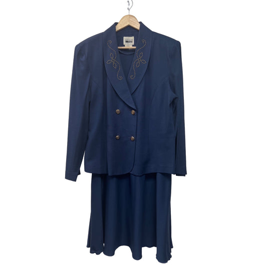 Leslie Fay Vintage Navy Suit Skirt Set with Gold Beading