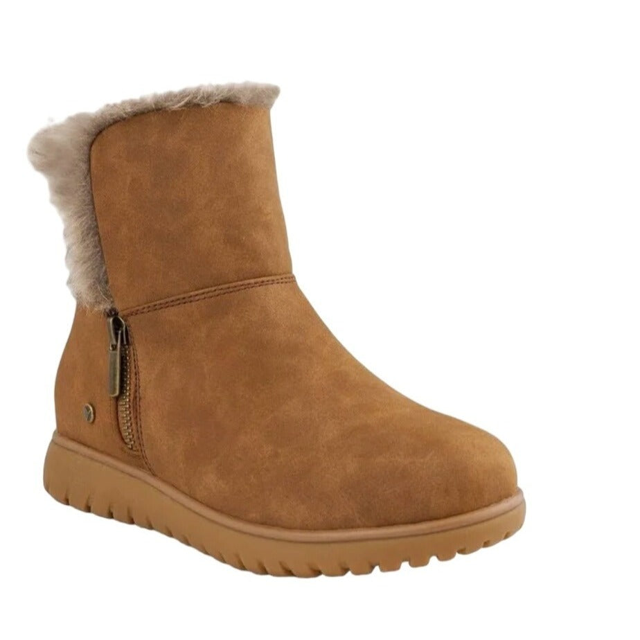 London Fog Wendyl Zip Up Tan Suede Leather Cream Sherpa Winter Booties