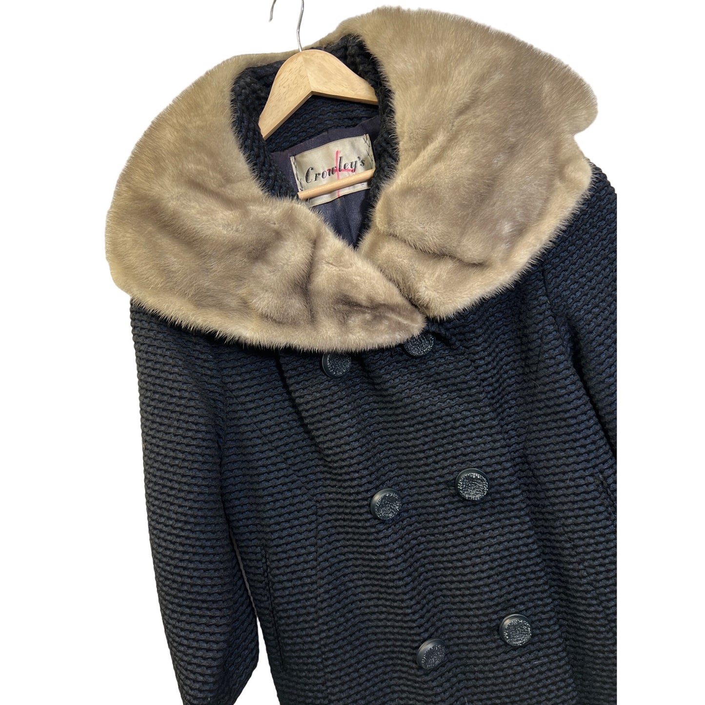 Crowley's Vintage 60's Wool Navy and Black Overcoat with Fur Collar
