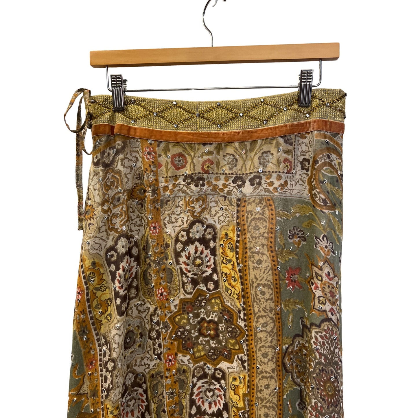 WD-NY Vintage 90's Floral Boho Hippie Silk Beaded Midi Skirt