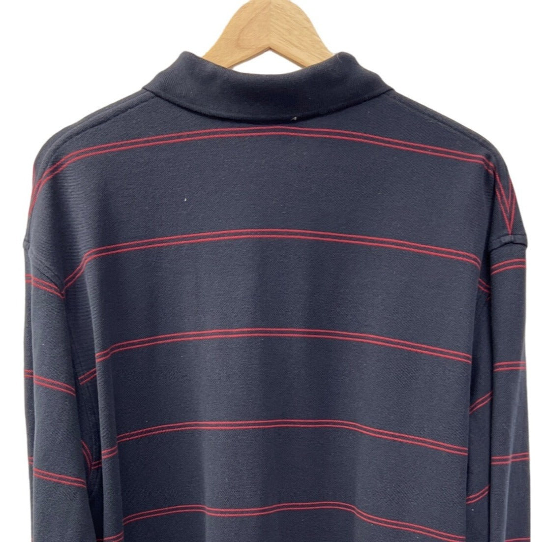 Brooks Brothers Performance Knit Navy Blue and Red Striped Long Sleeve Polo Shirt