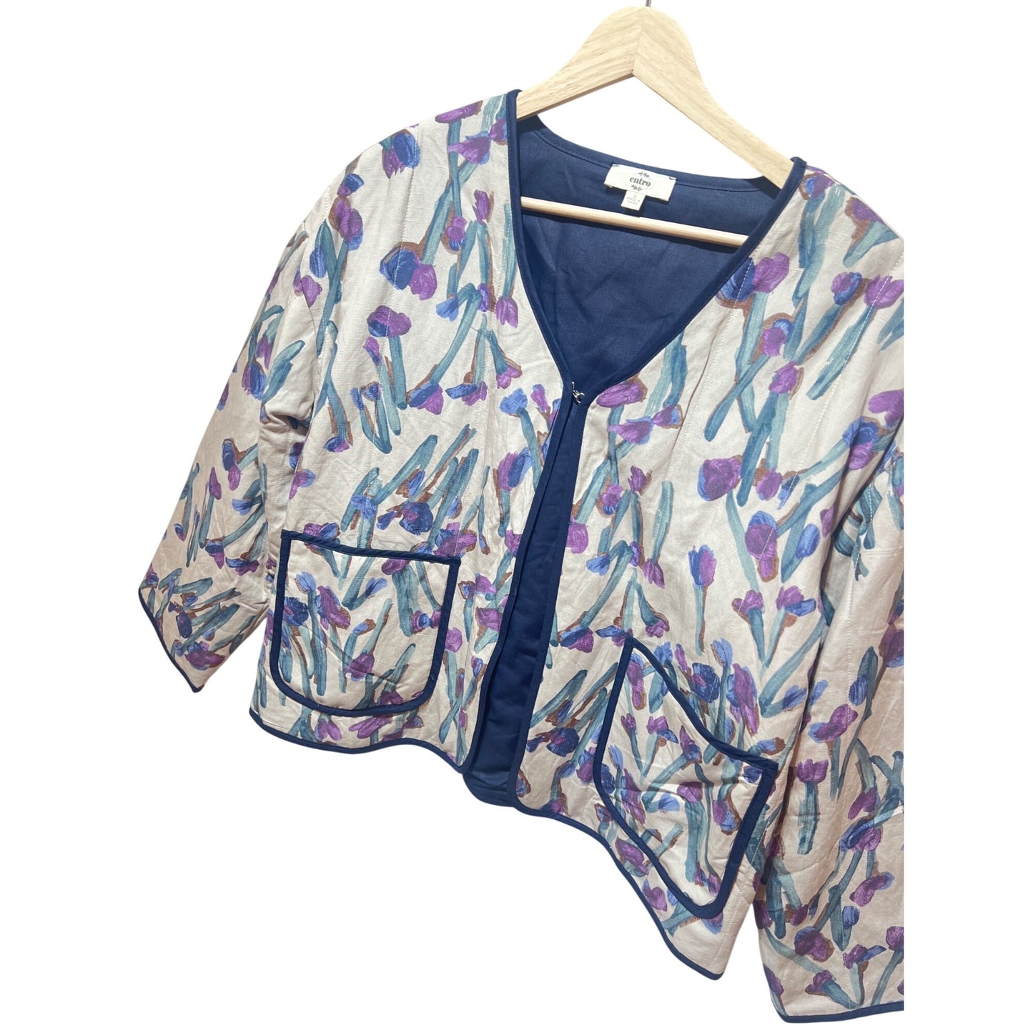 Entro Floral Kimono Jacket With Pockets Lightweight Size Small Viscose & Linen Blend Purple & Blue Accents