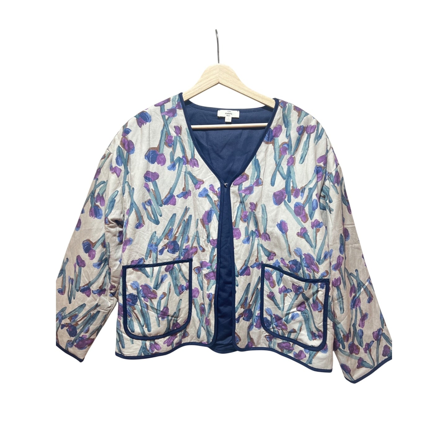 Entro Floral Kimono Jacket With Pockets Lightweight Size Small Viscose & Linen Blend Purple & Blue Accents