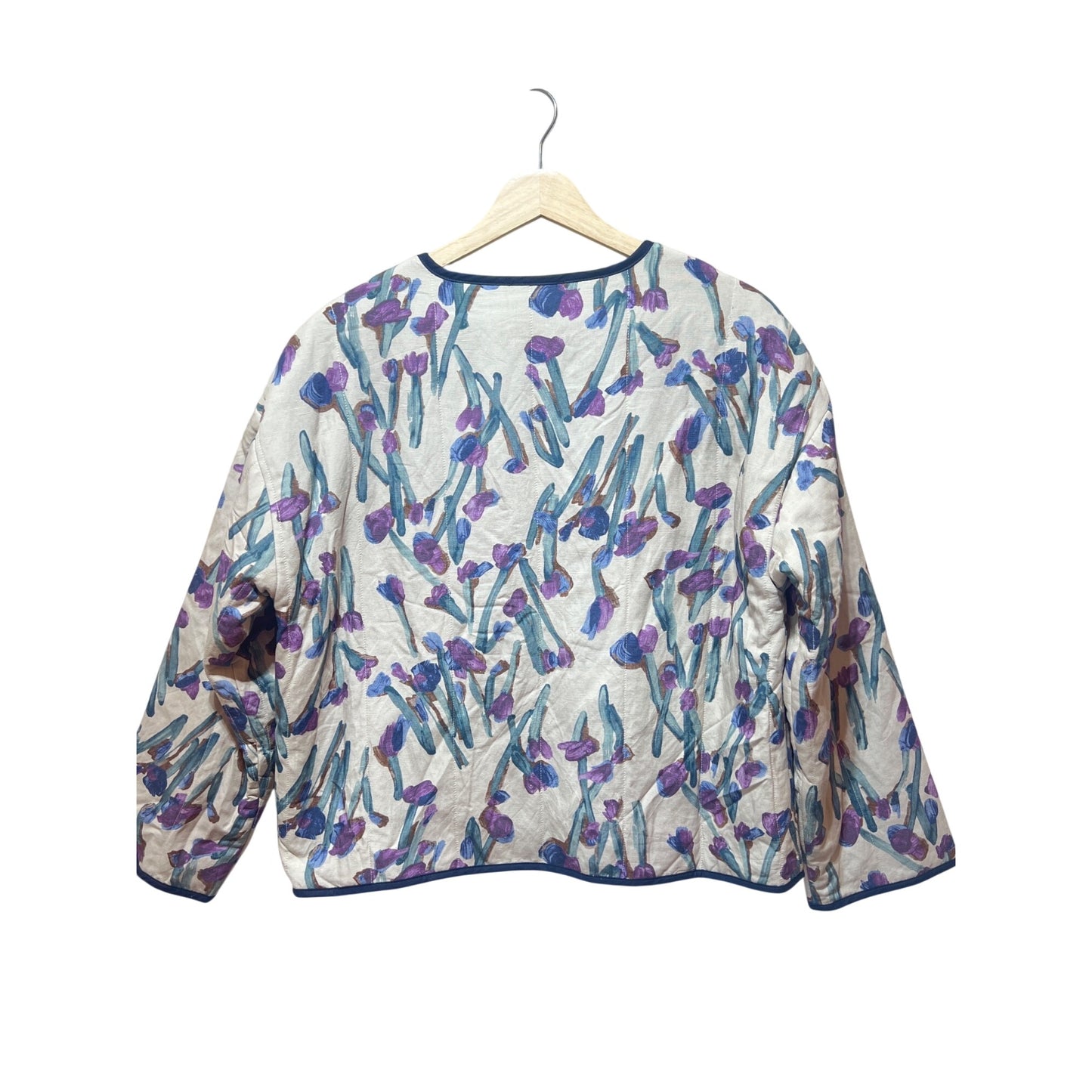 Entro Floral Kimono Jacket With Pockets Lightweight Size Small Viscose & Linen Blend Purple & Blue Accents