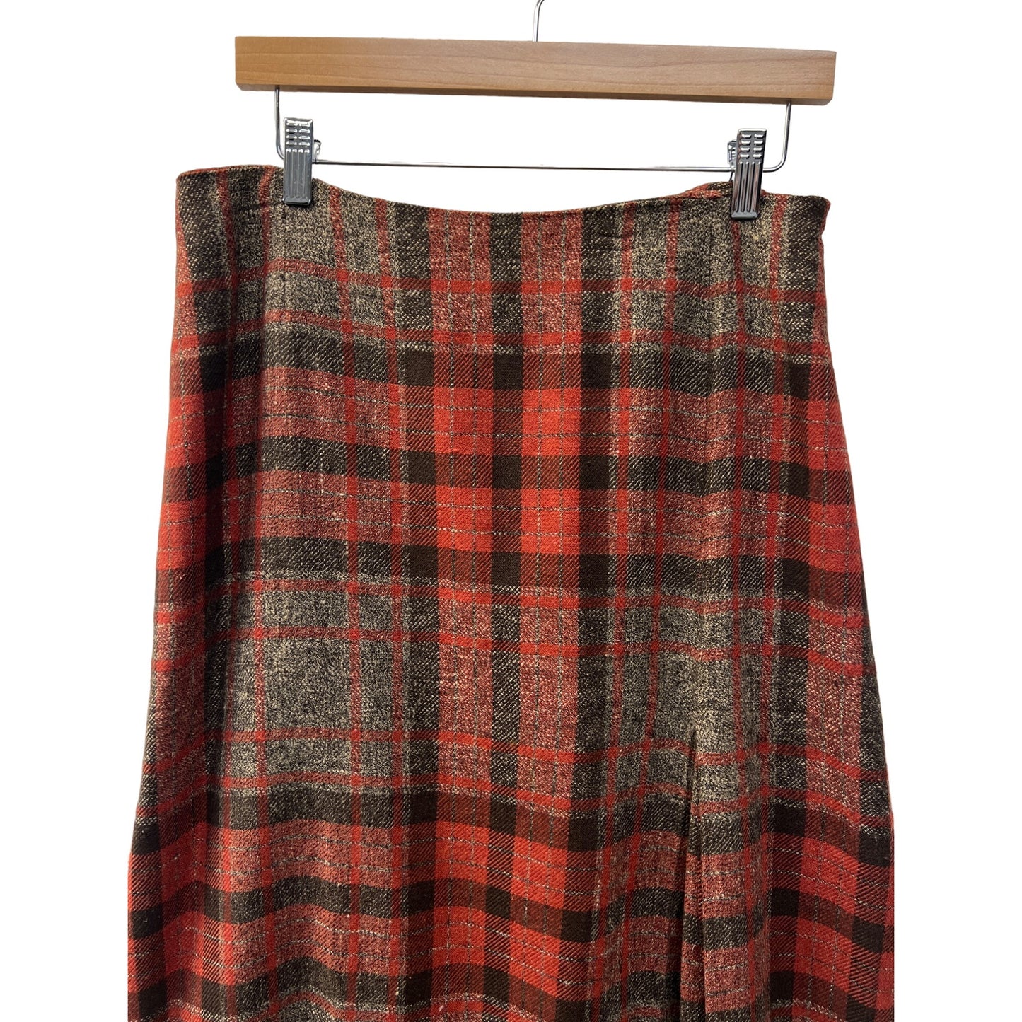 Valerie Stevens Orange and Brown Plaid A-Line Pleated Wool Skirt