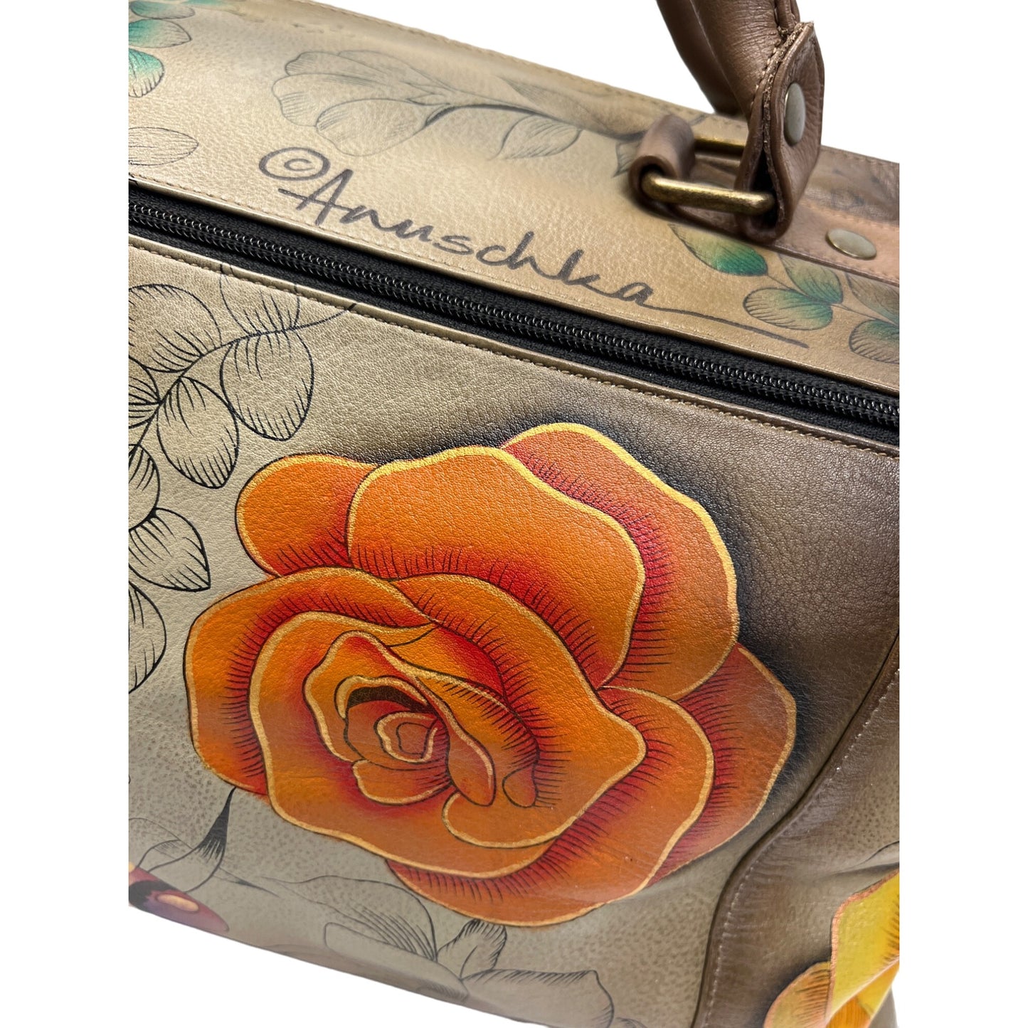 Anuschka Large Leather Hand Painted Butterfly Satchel Duffle Bag