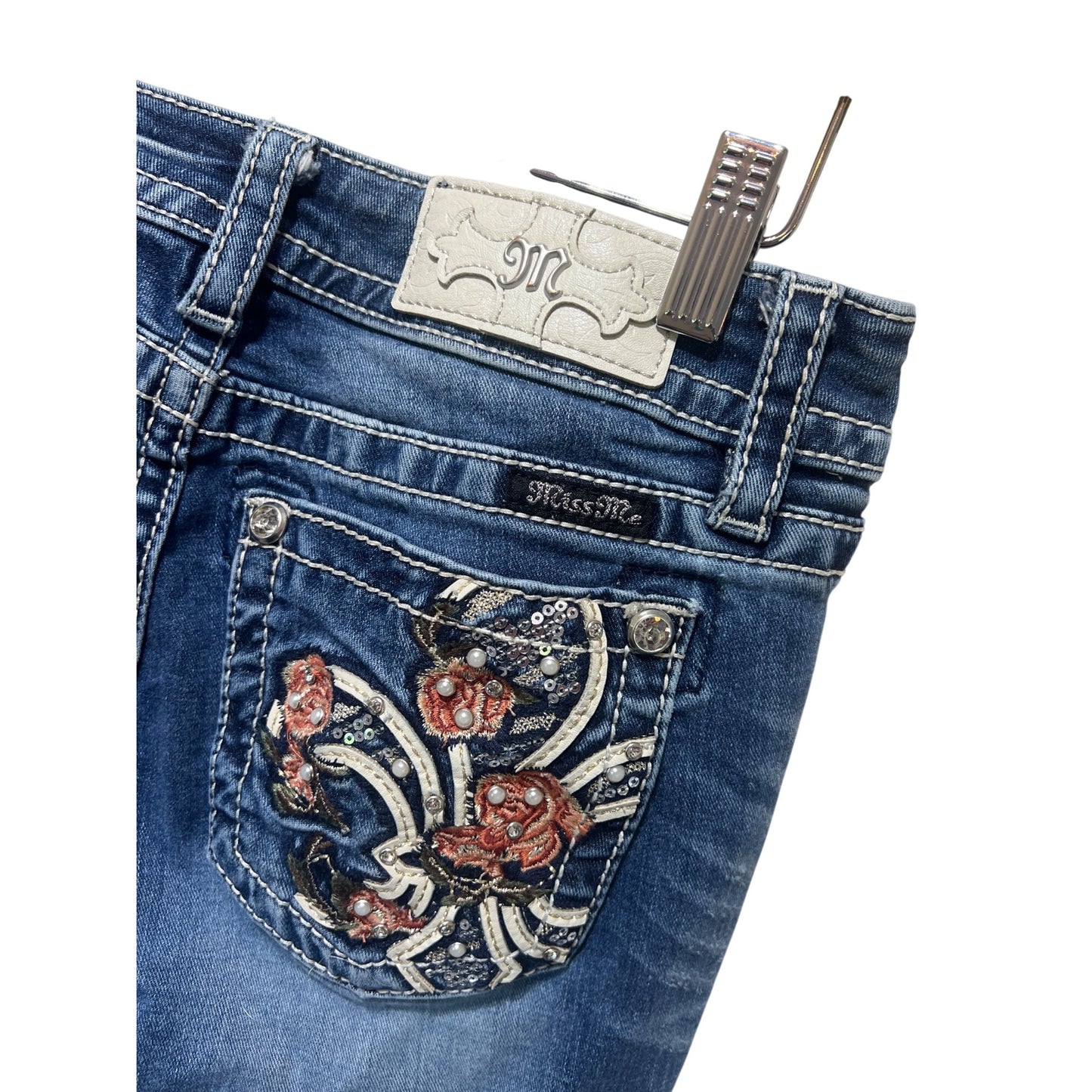 Miss Me Womens Floral Embellished Bootcut Jeans Size 27 Blue Denim