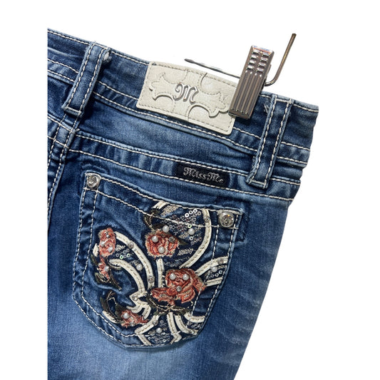Miss Me Womens Floral Embellished Bootcut Jeans Size 27 Blue Denim