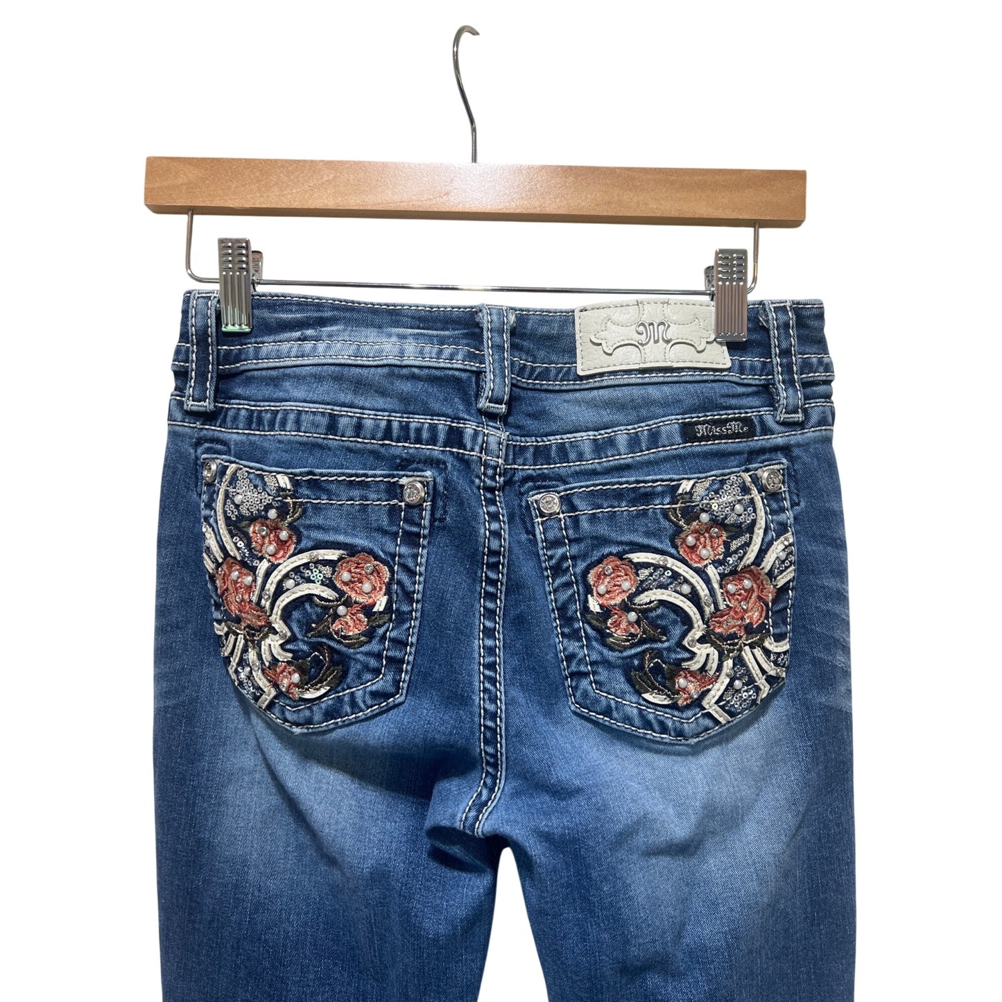 Miss Me Womens Floral Embellished Bootcut Jeans Size 27 Blue Denim
