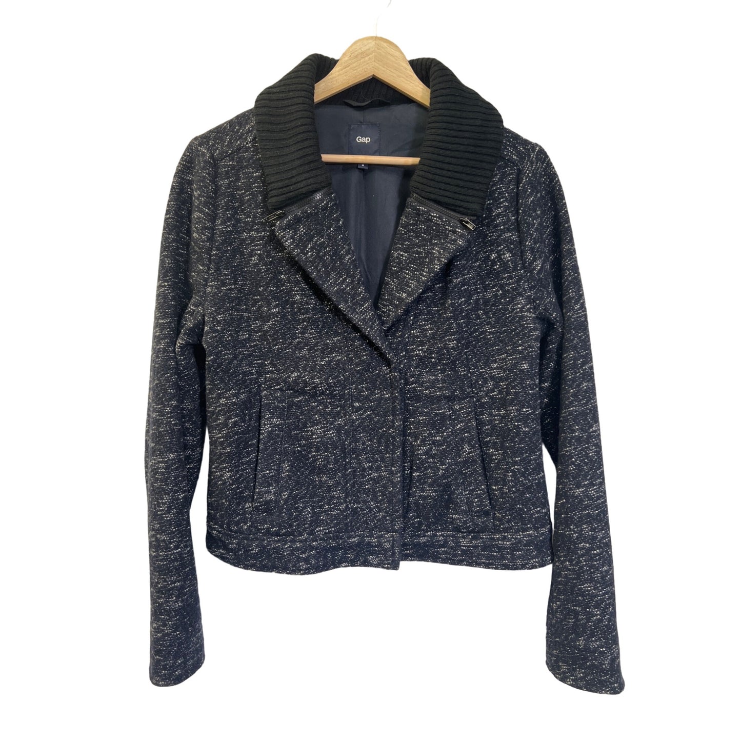 Gap Blue and Black Wool Blend Tweed Moto Jacket