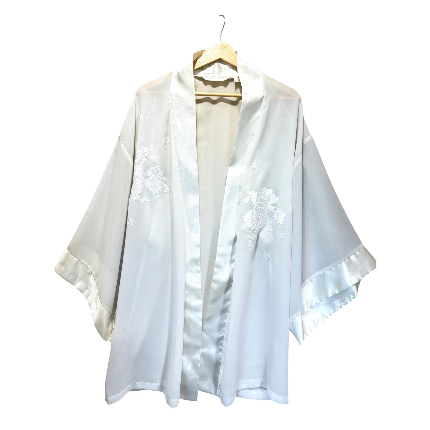 Victorias Secret Collection Gold Label Vintage 90s Embroidered White Ciffon Satin Kimono Robe