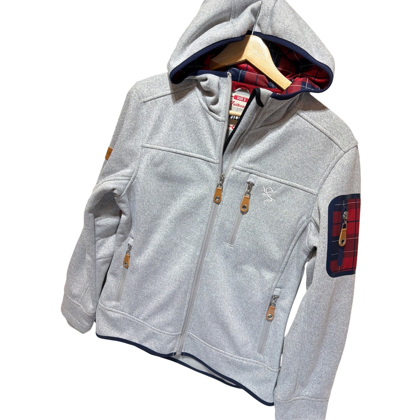 Authentic Kollektion Pilatus Hooded Jacket S Gray Softshell With Red Plaid Accents & Zippered Pockets