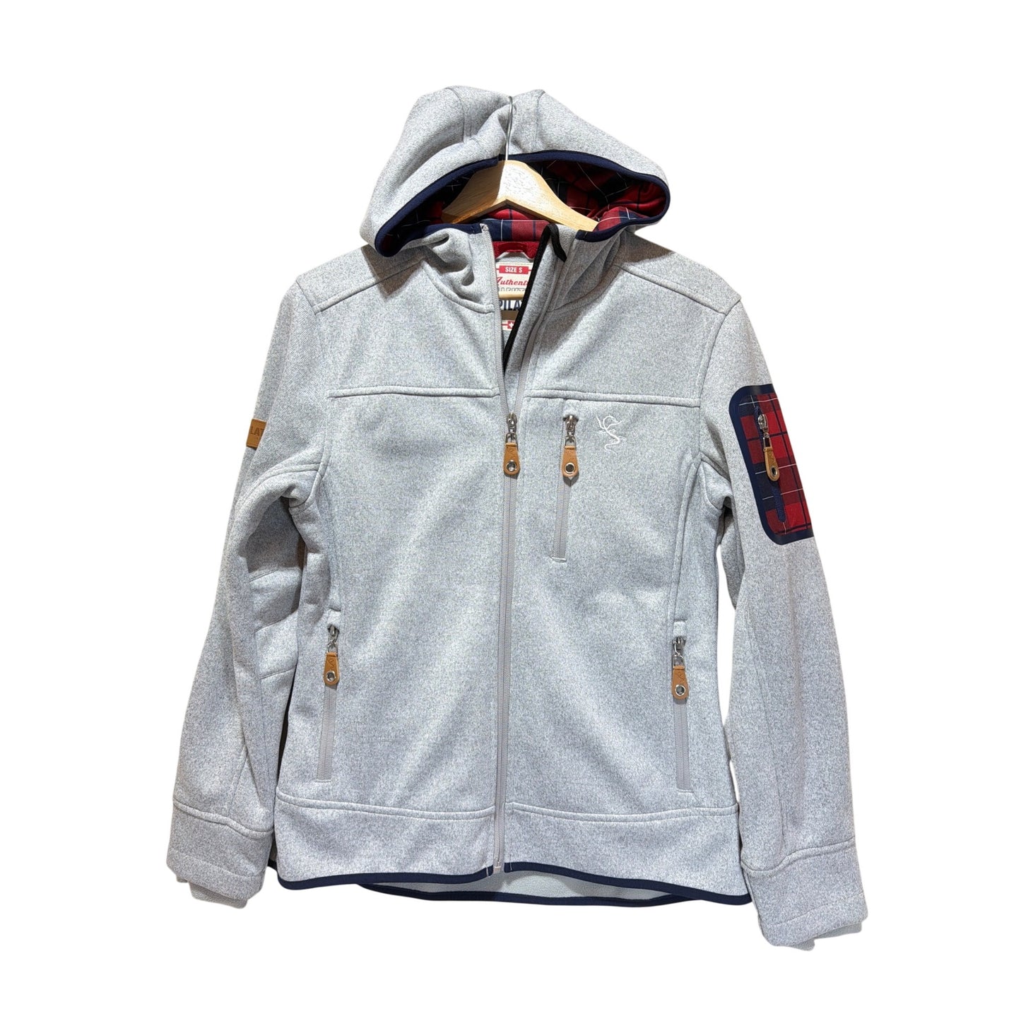 Authentic Kollektion Pilatus Hooded Jacket S Gray Softshell With Red Plaid Accents & Zippered Pockets