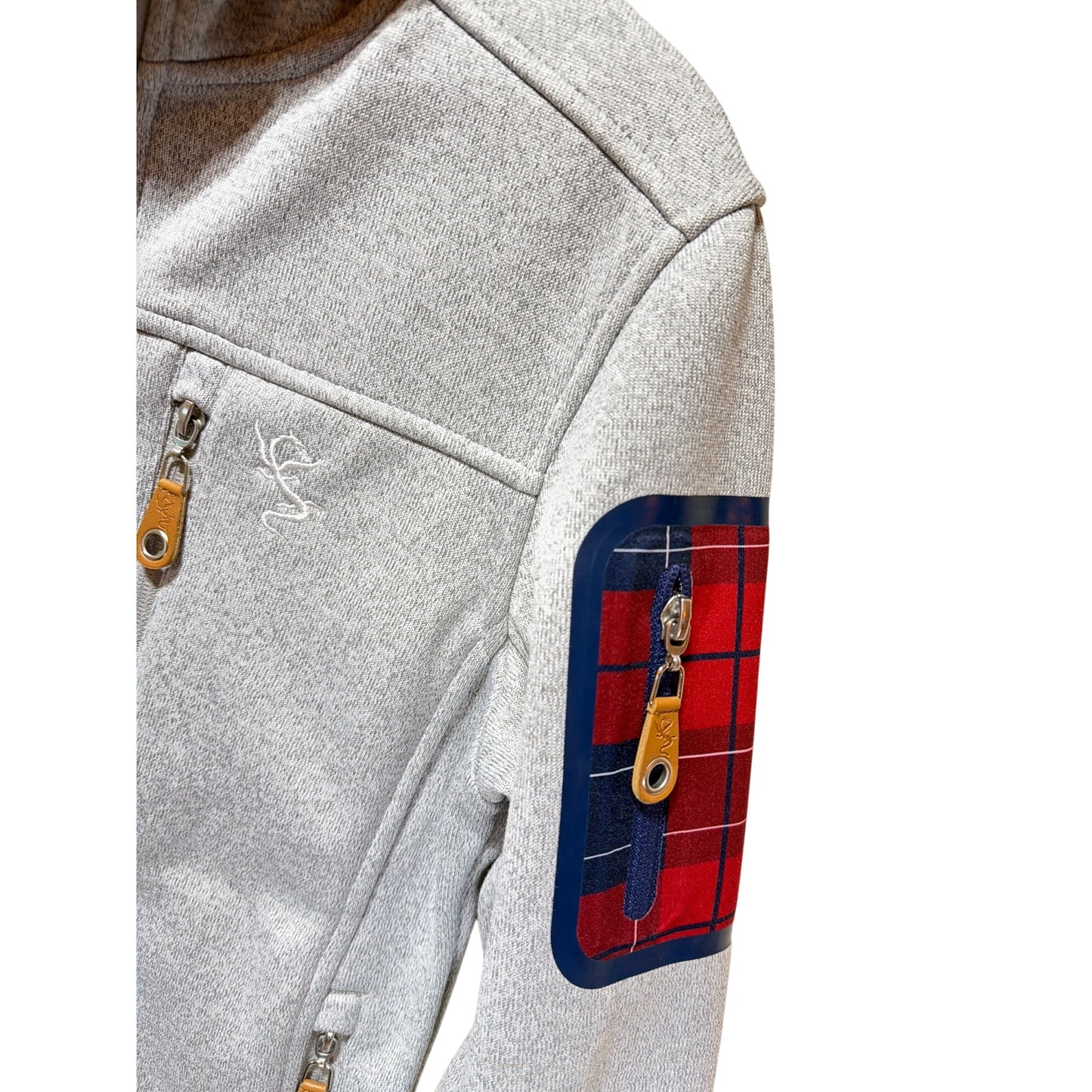 Authentic Kollektion Pilatus Hooded Jacket S Gray Softshell With Red Plaid Accents & Zippered Pockets