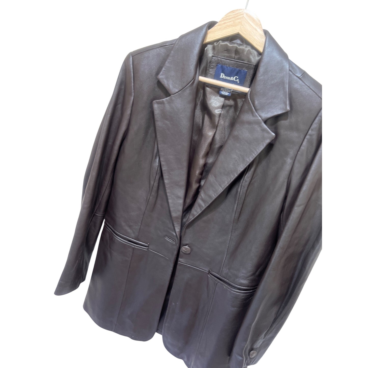 Denim & Co. Womens Dark Brown 100% Leather Blazer Jacket Size Small Button Closure