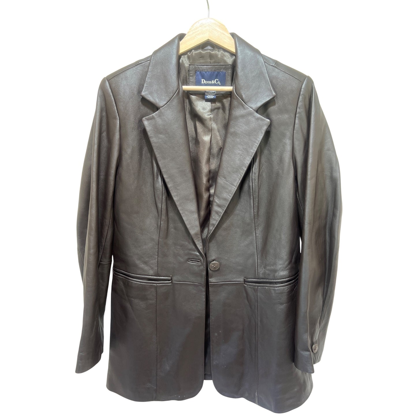 Denim & Co. Womens Dark Brown 100% Leather Blazer Jacket Size Small Button Closure