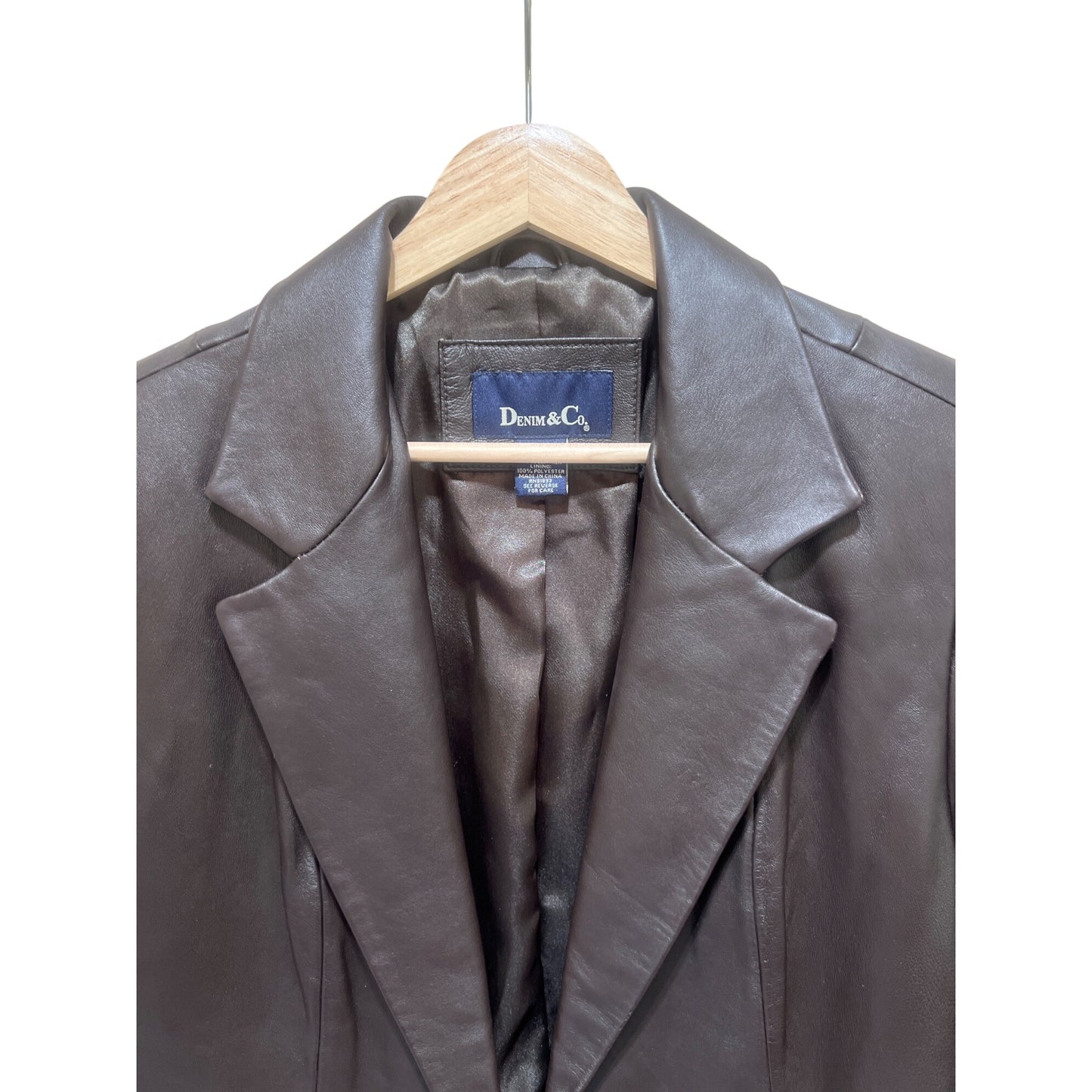 Denim & Co. Womens Dark Brown 100% Leather Blazer Jacket Size Small Button Closure