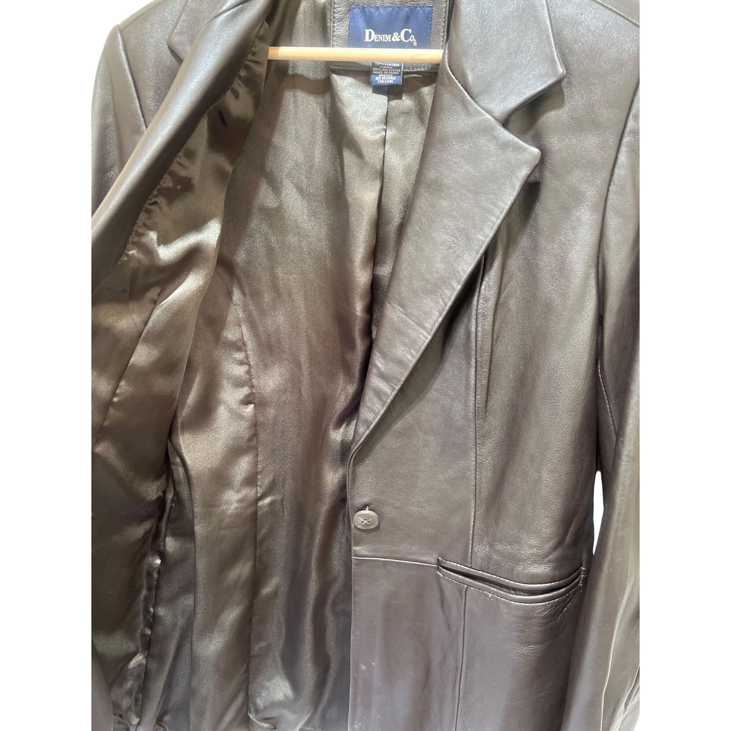Denim & Co. Womens Dark Brown 100% Leather Blazer Jacket Size Small Button Closure