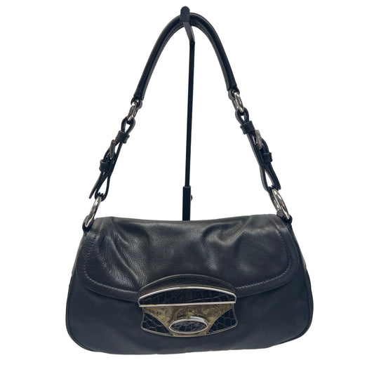 Prada Vintage Black Leather & Nylon Reptile Trim Shoulder Bag