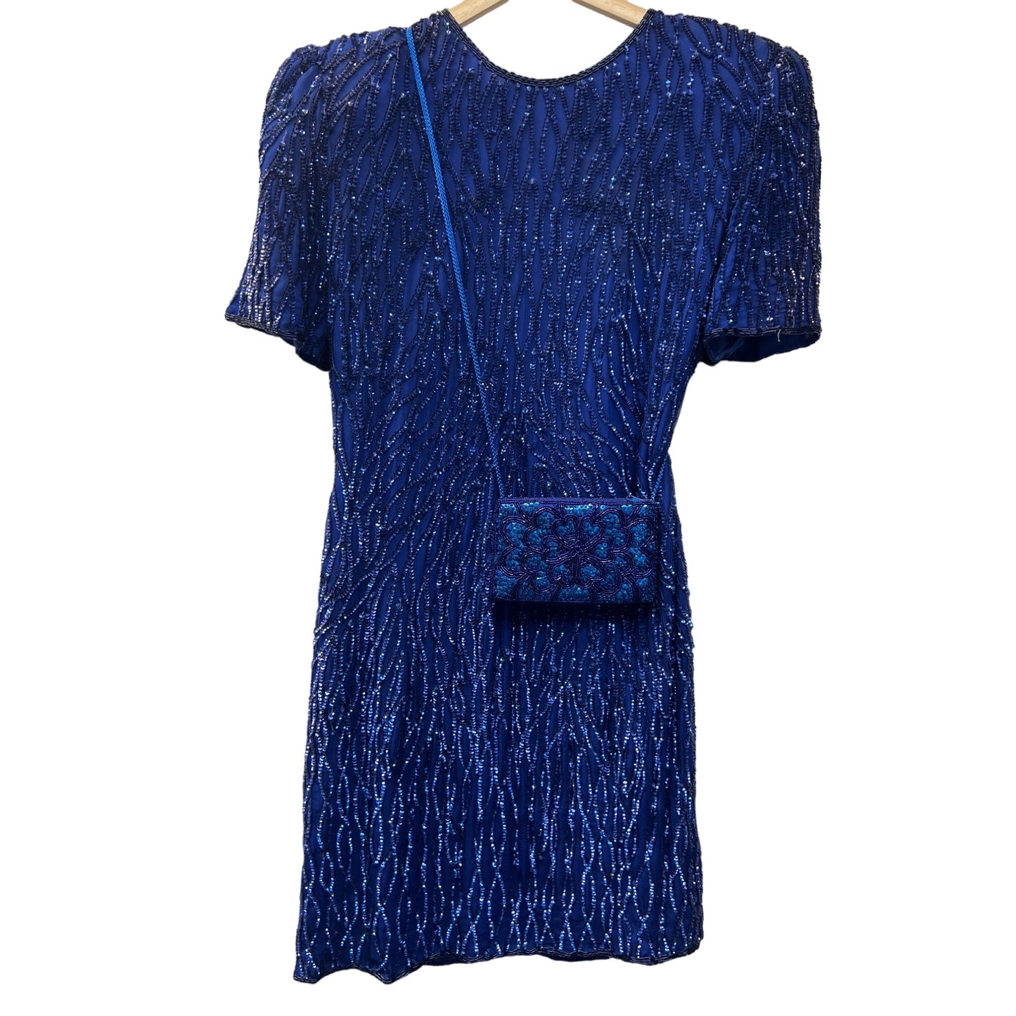 Laurence Kazar Vintage 80's Royal Blue Silk Sequin Cocktail Dress and Purse