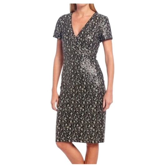 Belle By Badgley Mischka Lainey Black & Silver Sequin Sheath Dress Short Sleeve Size 8