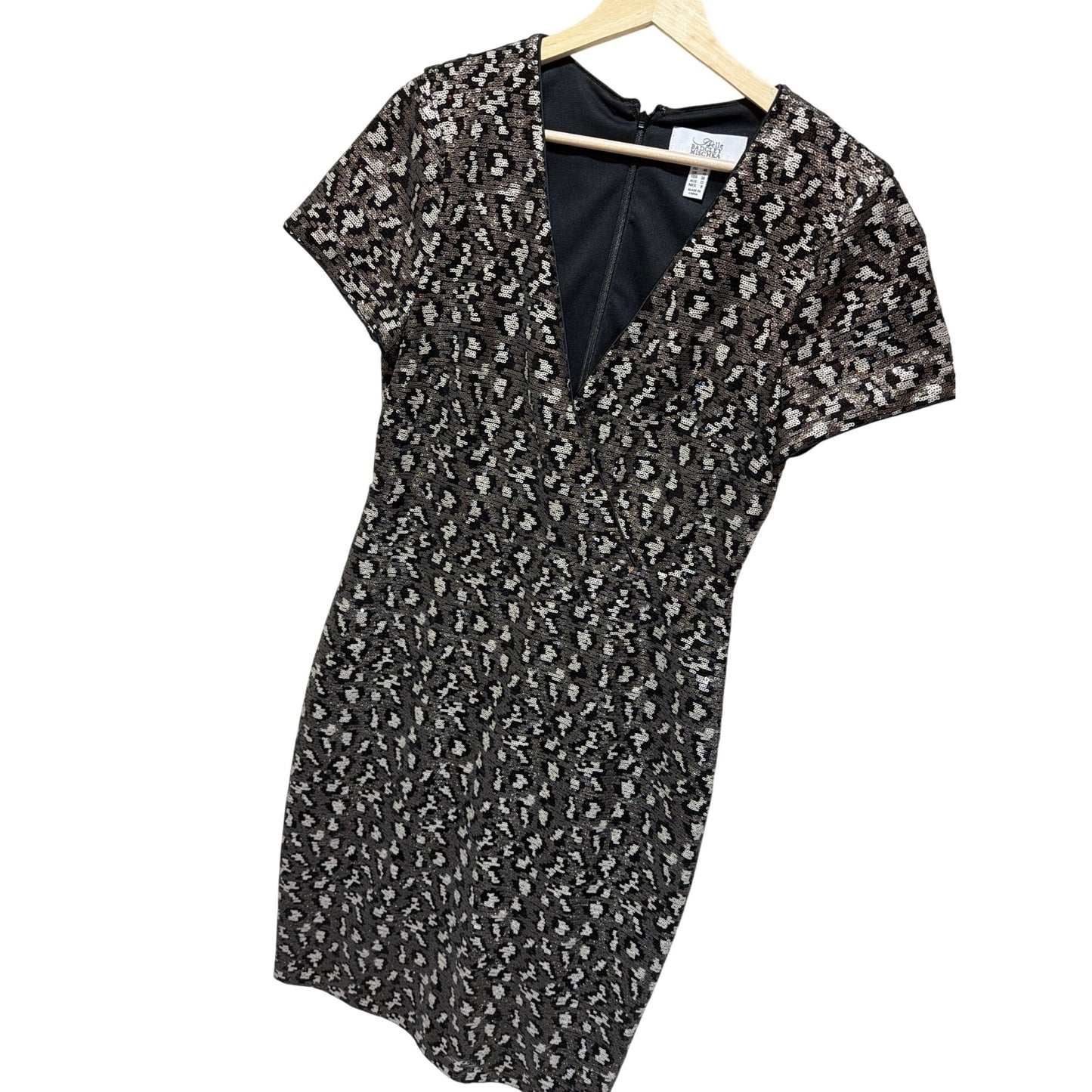 Belle By Badgley Mischka Lainey Black & Silver Sequin Sheath Dress Short Sleeve Size 8
