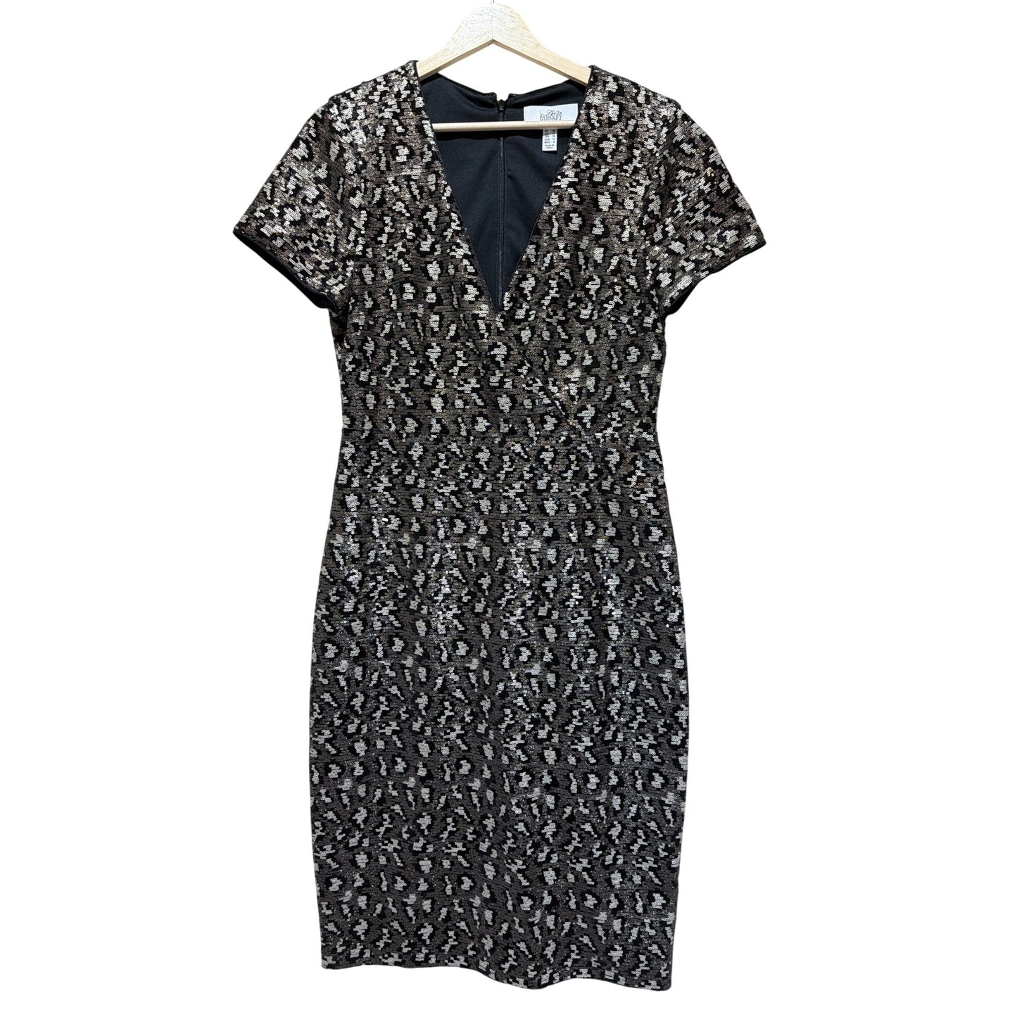 Belle By Badgley Mischka Lainey Black & Silver Sequin Sheath Dress Short Sleeve Size 8