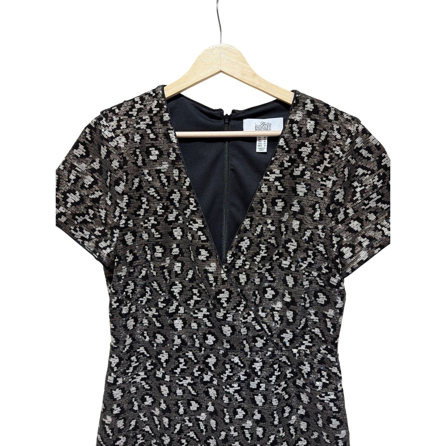 Belle By Badgley Mischka Lainey Black & Silver Sequin Sheath Dress Short Sleeve Size 8