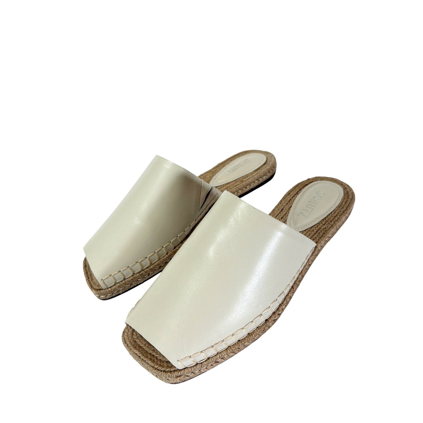 Schutz Cream Leather Espadrille Mules With Square Toe & Woven Jute Sole