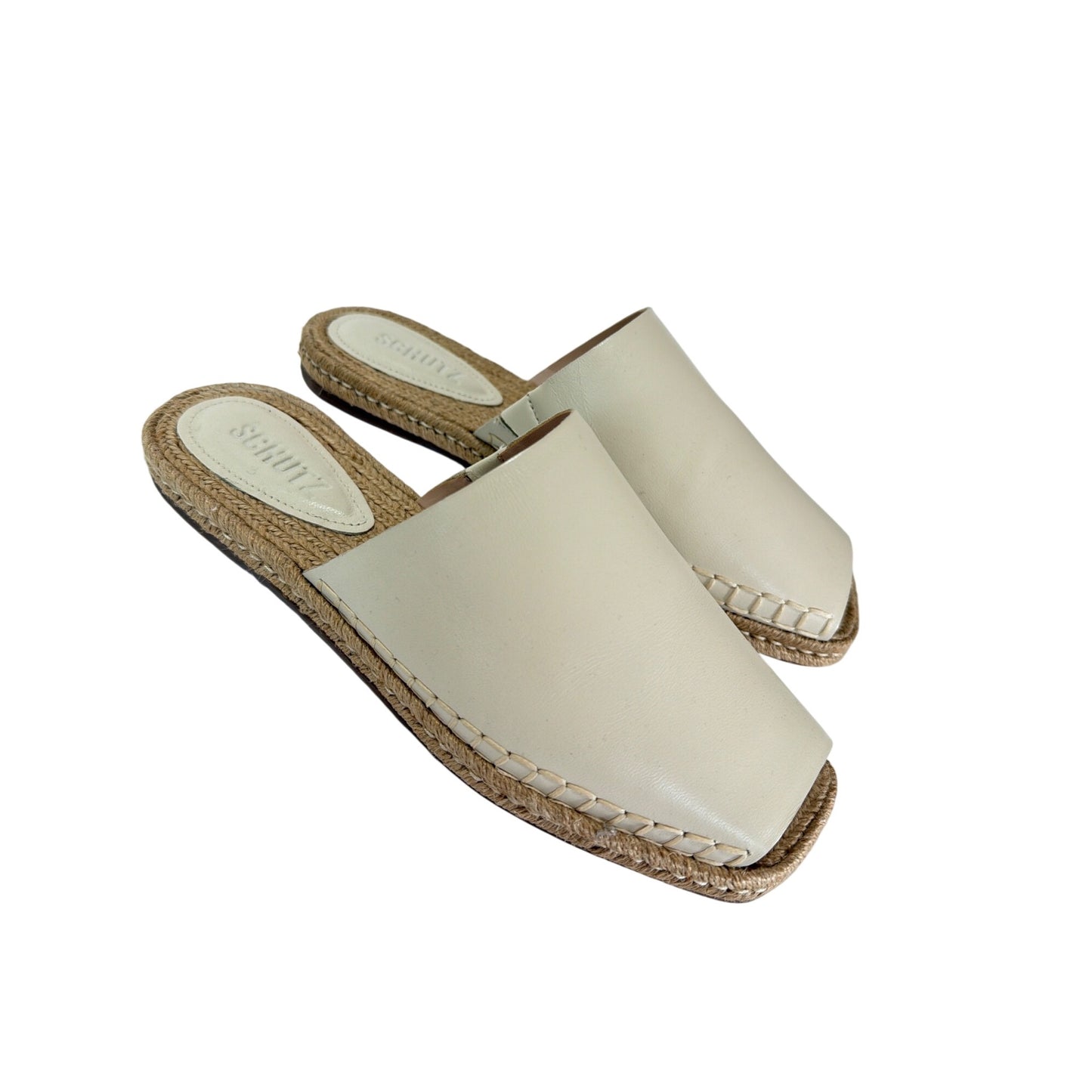 Schutz Cream Leather Espadrille Mules With Square Toe & Woven Jute Sole