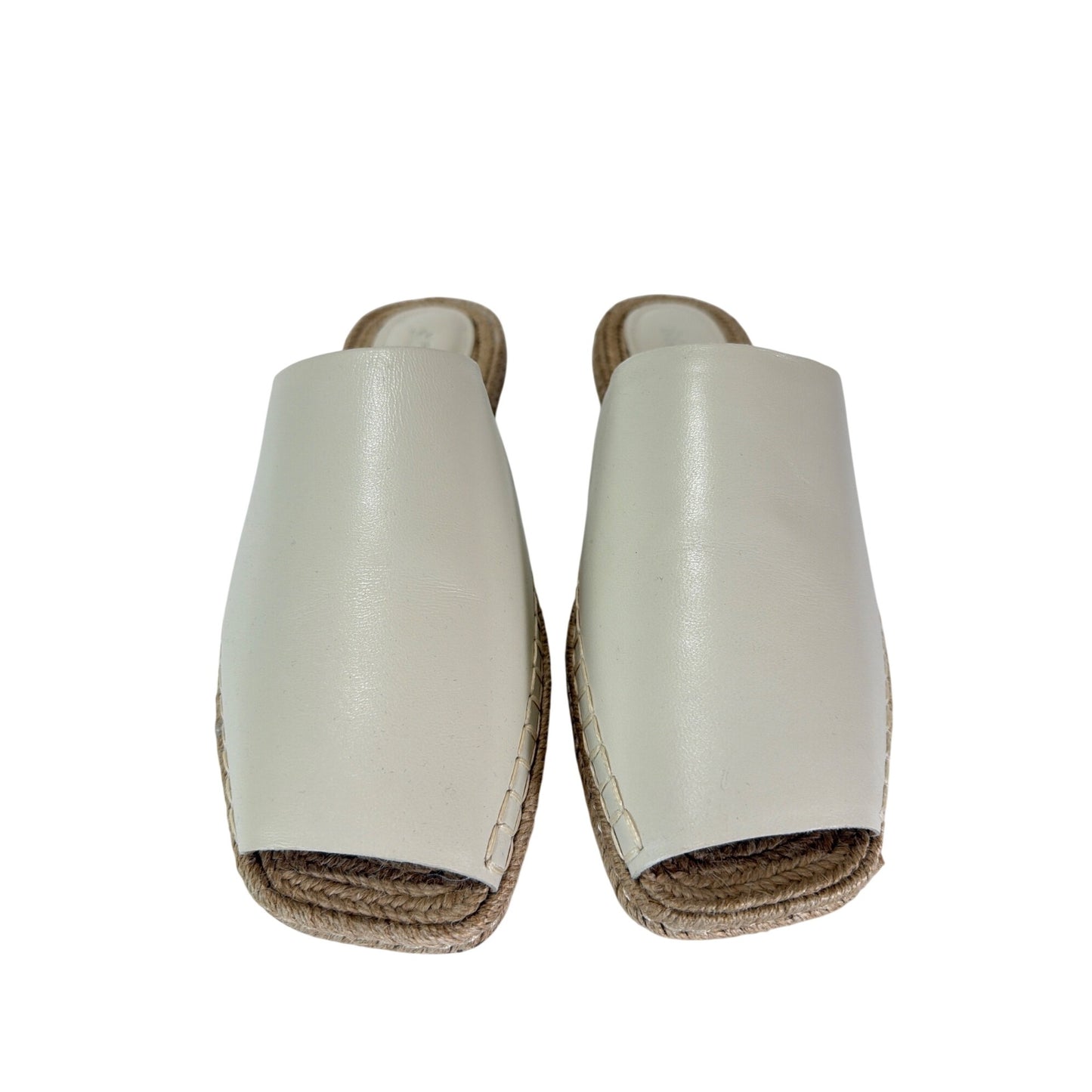 Schutz Cream Leather Espadrille Mules With Square Toe & Woven Jute Sole