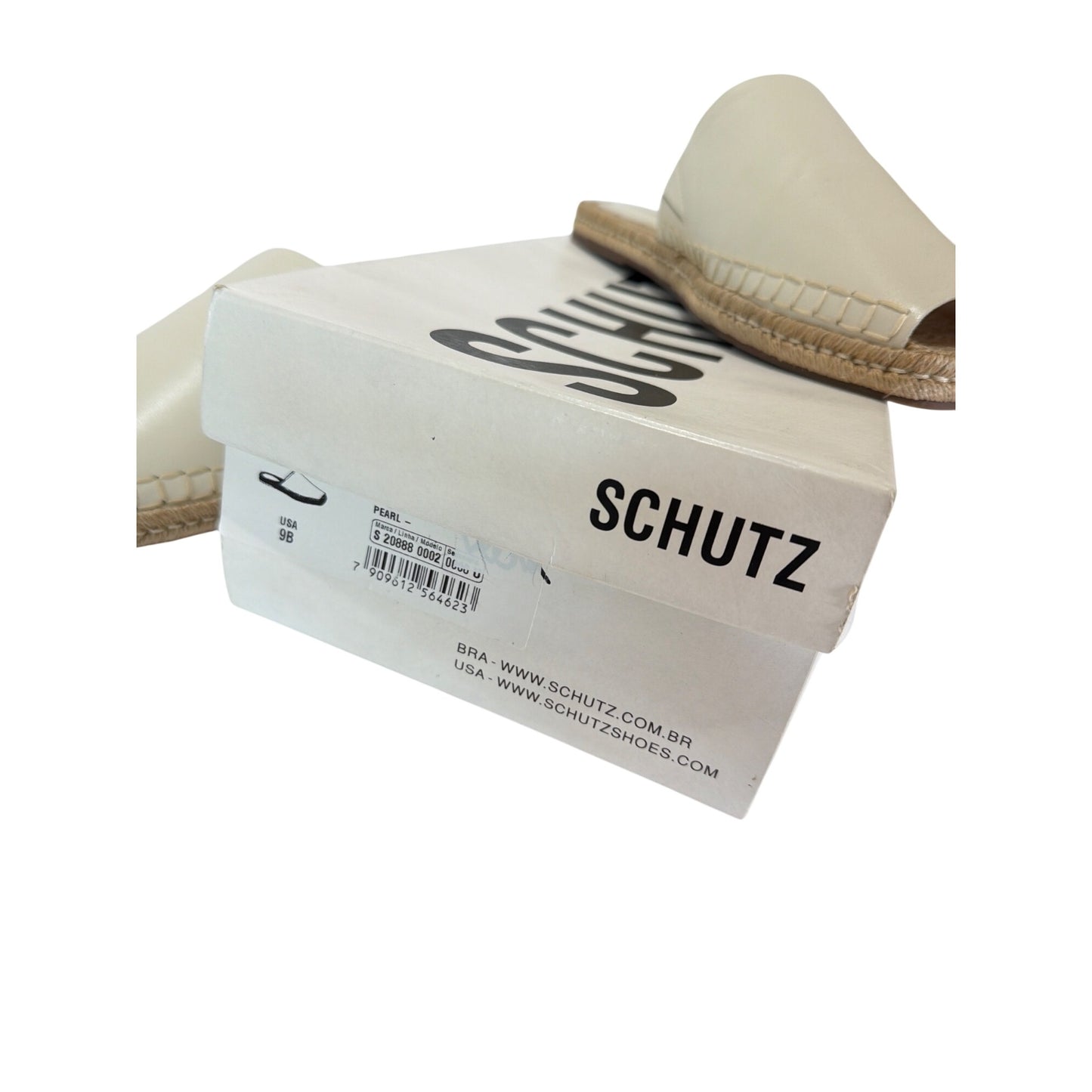 Schutz Cream Leather Espadrille Mules With Square Toe & Woven Jute Sole