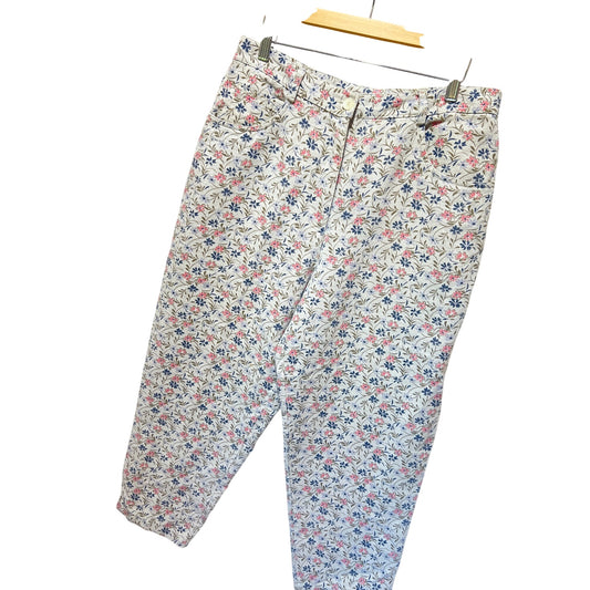 Susan Bristol Vintage Womens Floral Print High-Waisted Trousers Casual Style Size 14P Beige With Pink & Blue Flowers