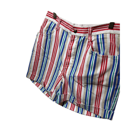 Vivaldi Jeanswear Vintage 80's Striped Red Blue Green High-Waisted Cotton Shorts With Cuffed Hem & Pockets