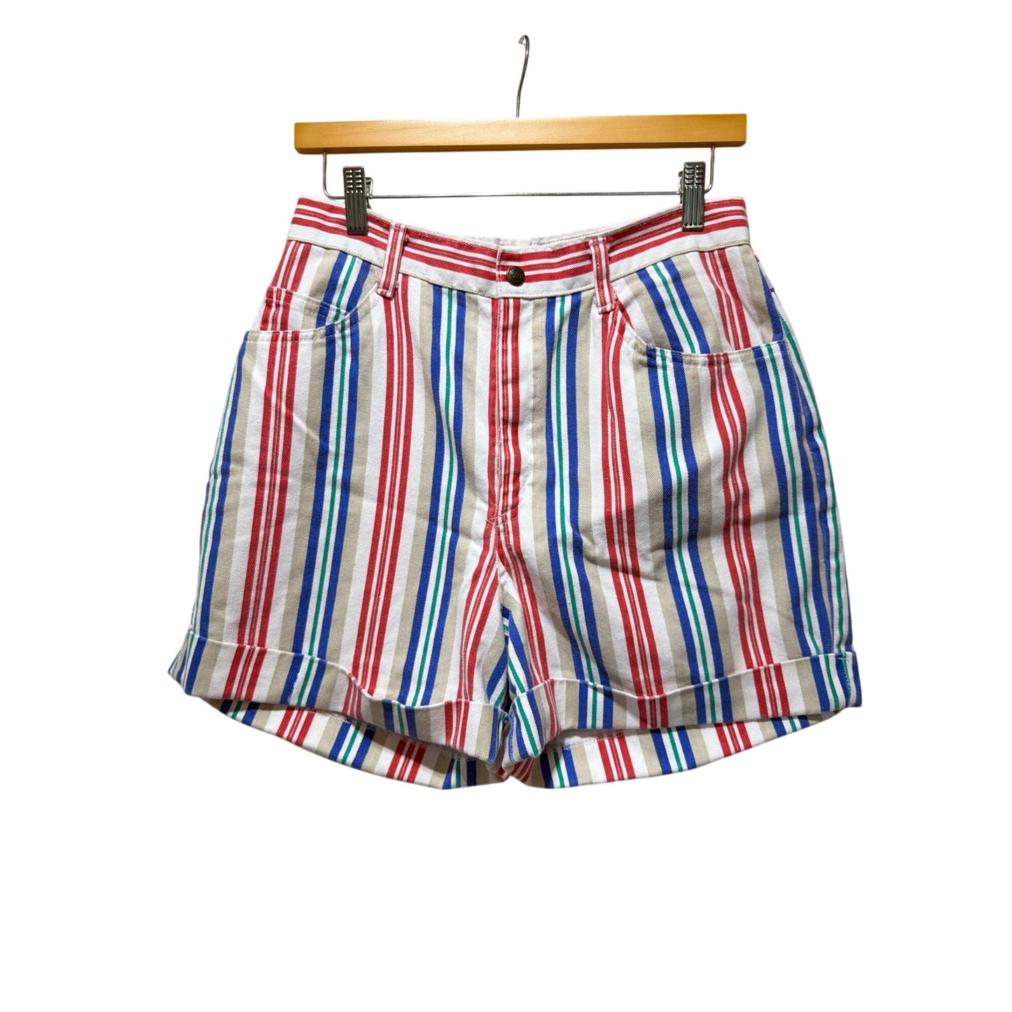 Vivaldi Jeanswear Vintage 80's Striped Red Blue Green High-Waisted Cotton Shorts With Cuffed Hem & Pockets