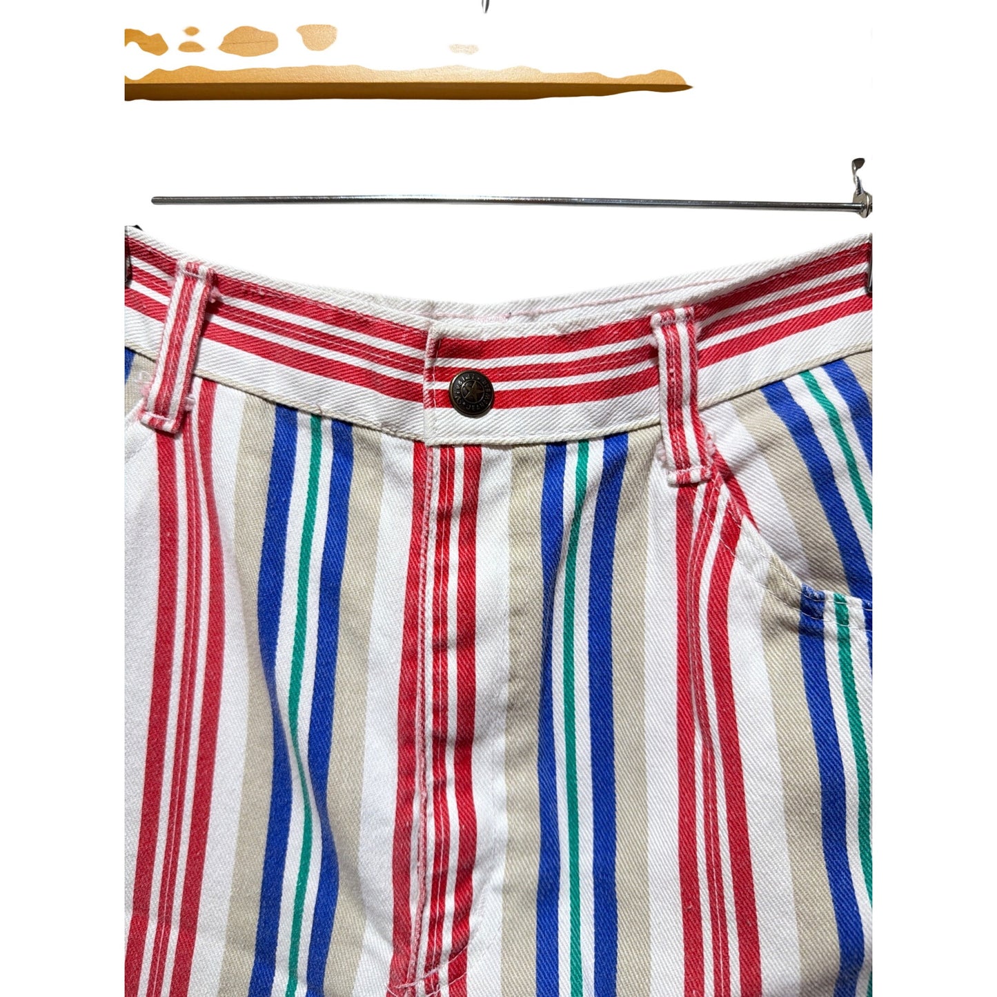Vivaldi Jeanswear Vintage 80's Striped Red Blue Green High-Waisted Cotton Shorts With Cuffed Hem & Pockets