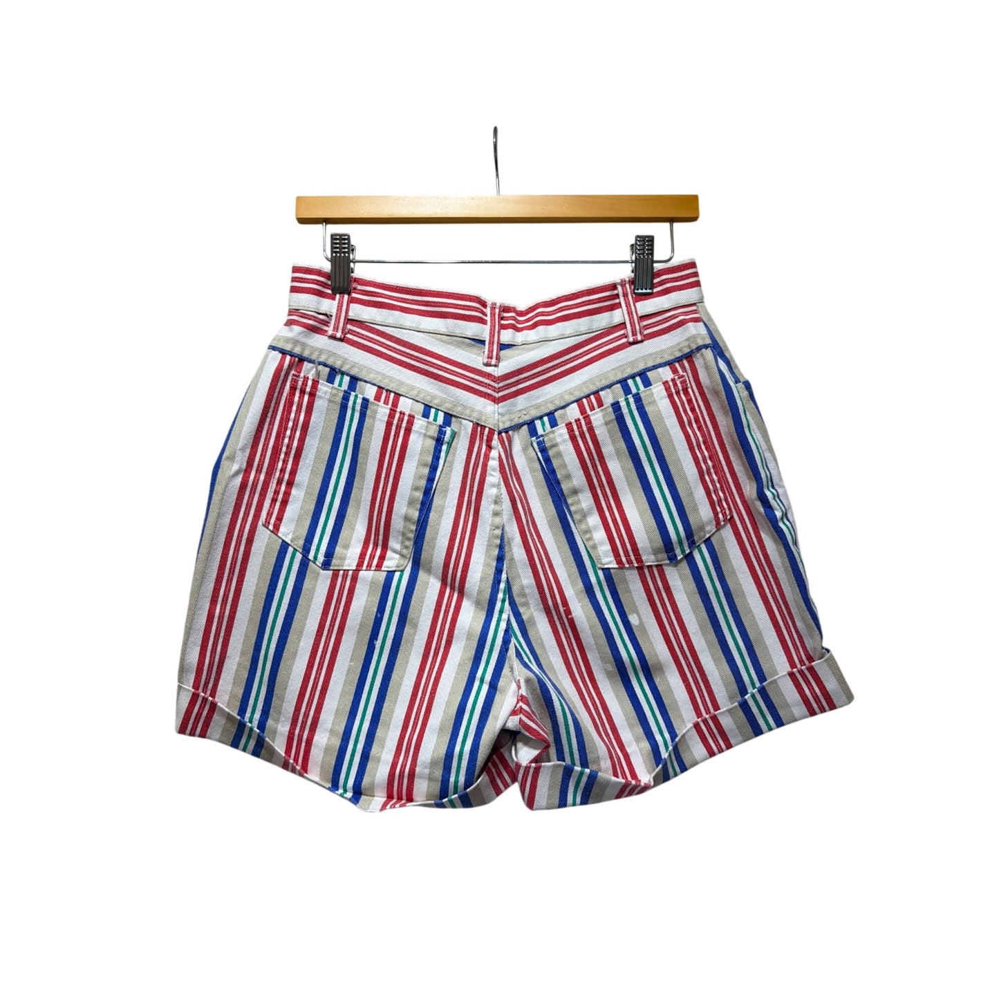 Vivaldi Jeanswear Vintage 80's Striped Red Blue Green High-Waisted Cotton Shorts With Cuffed Hem & Pockets