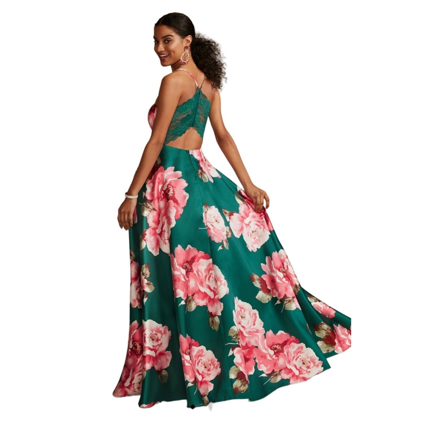 City Vibe Green Floral Satin Floor Length Prom Dress