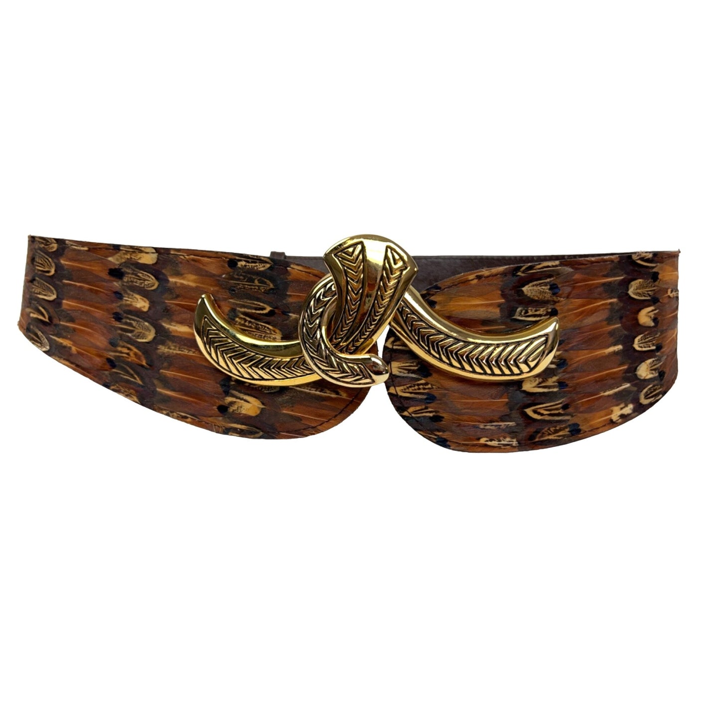 Lee Sands Vintage Leather and Pheasant Feather Adjustable Belt with Gold Clasp