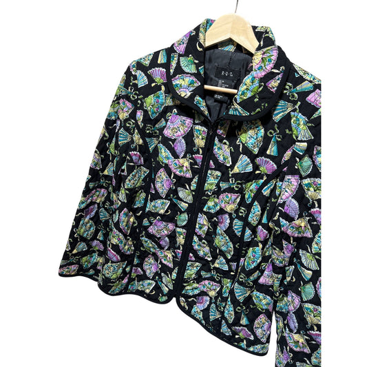 R.Q.T. Vintage 90's Quilted Oriental Fan Pattern Black Jacket  Full Zip Front Lightweight Size M