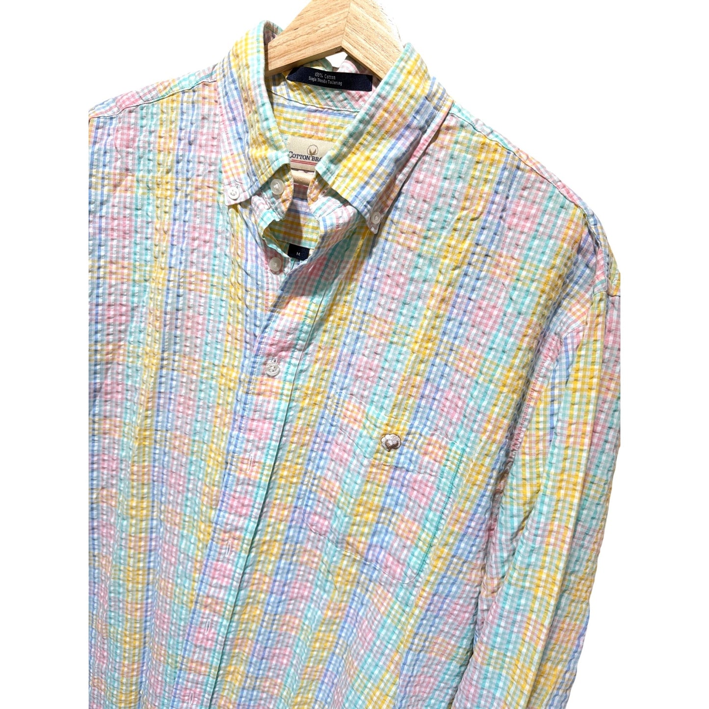 Cotton Brothers Rainbow Sunset Pastel Plaid Seersucker Oxford Buttondown Shirt M 100% Cotton