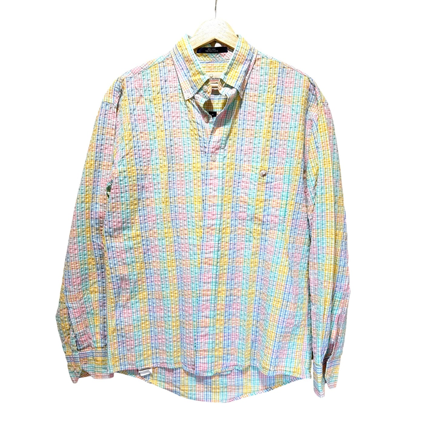 Cotton Brothers Rainbow Sunset Pastel Plaid Seersucker Oxford Buttondown Shirt M 100% Cotton
