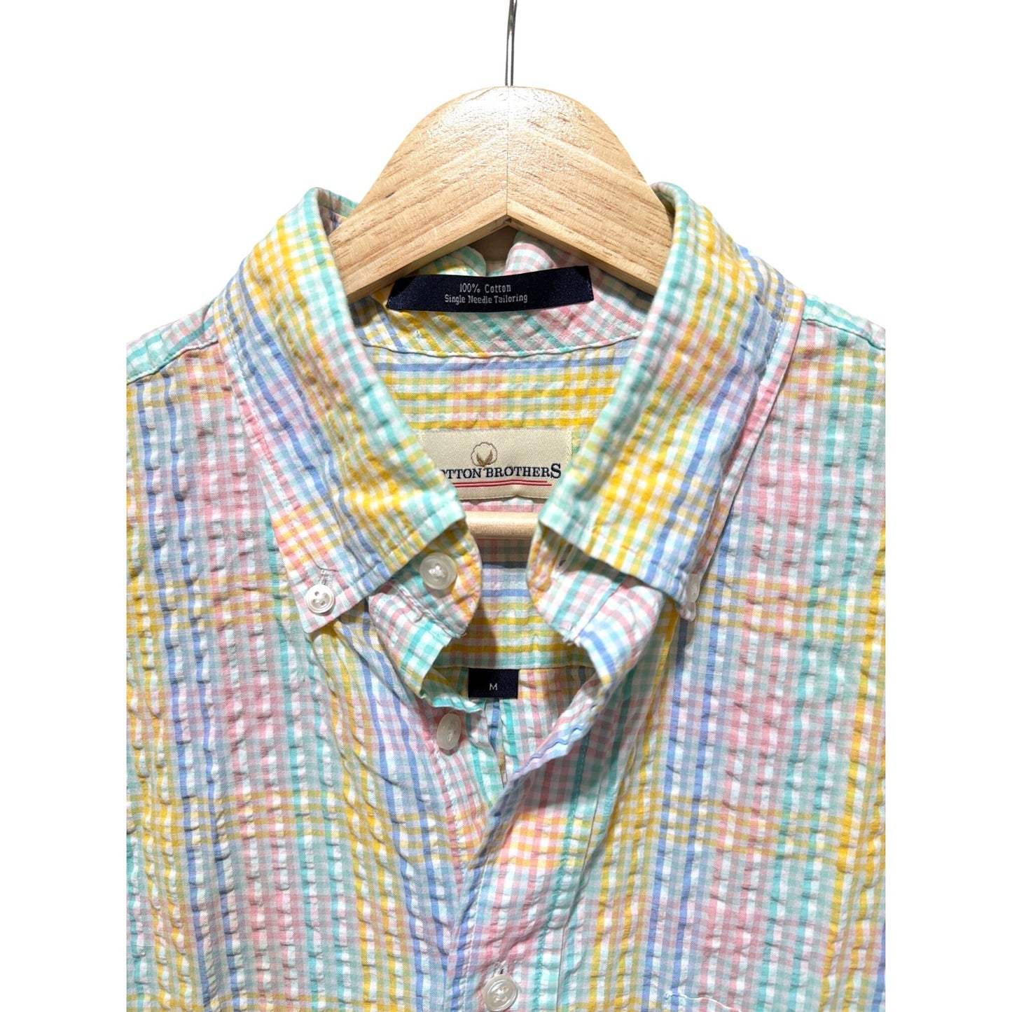 Cotton Brothers Rainbow Sunset Pastel Plaid Seersucker Oxford Buttondown Shirt M 100% Cotton